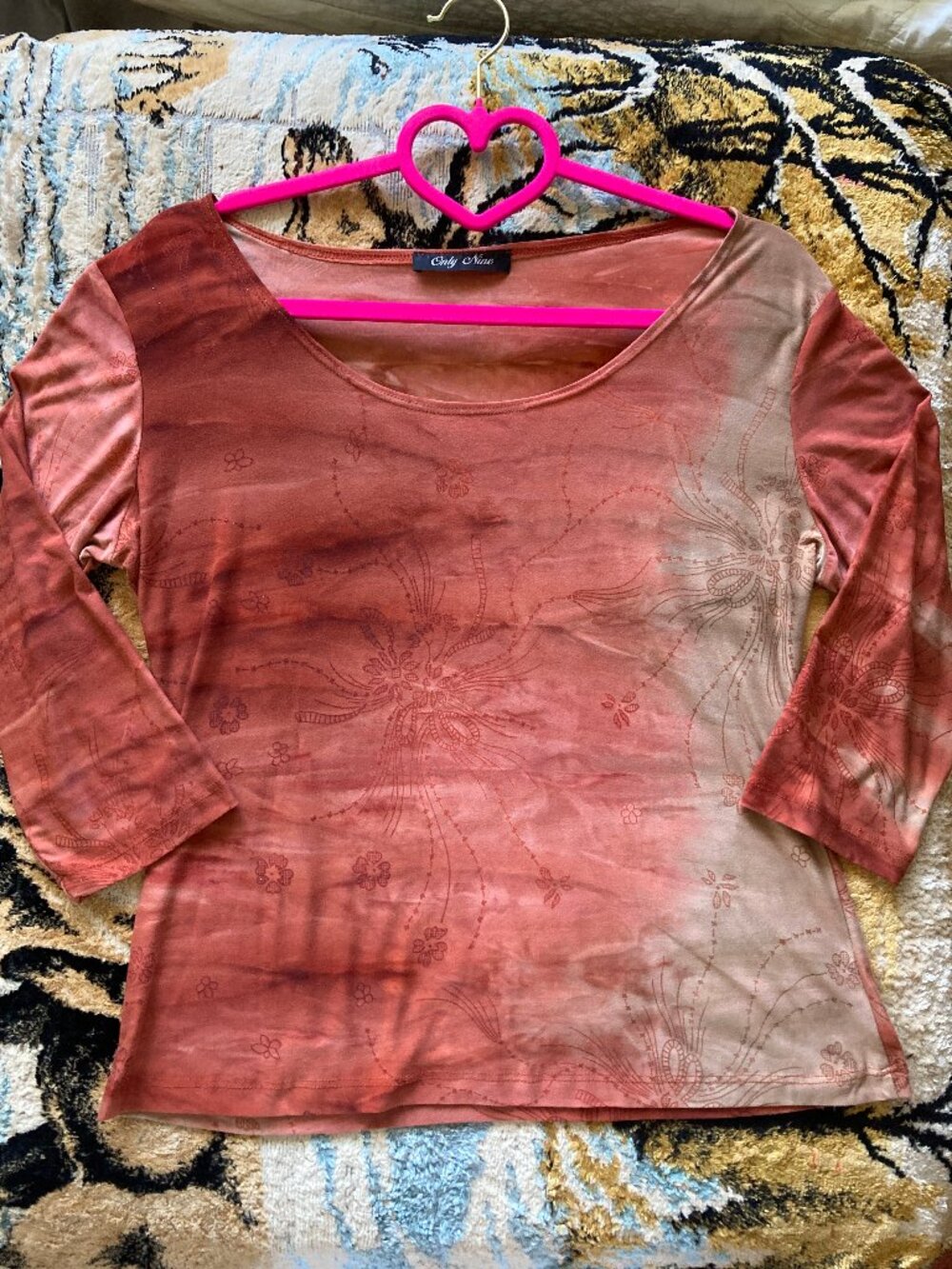 Vintage 90's Y2K Only Nine Abstract Tie-Dye 3/4 Sleeve Top W/ Glitter Accent